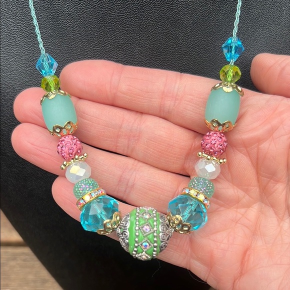 Handmade Colorful Pink & Blue Beaded Statement Necklace – Boho Glam Style - Picture 3 of 6